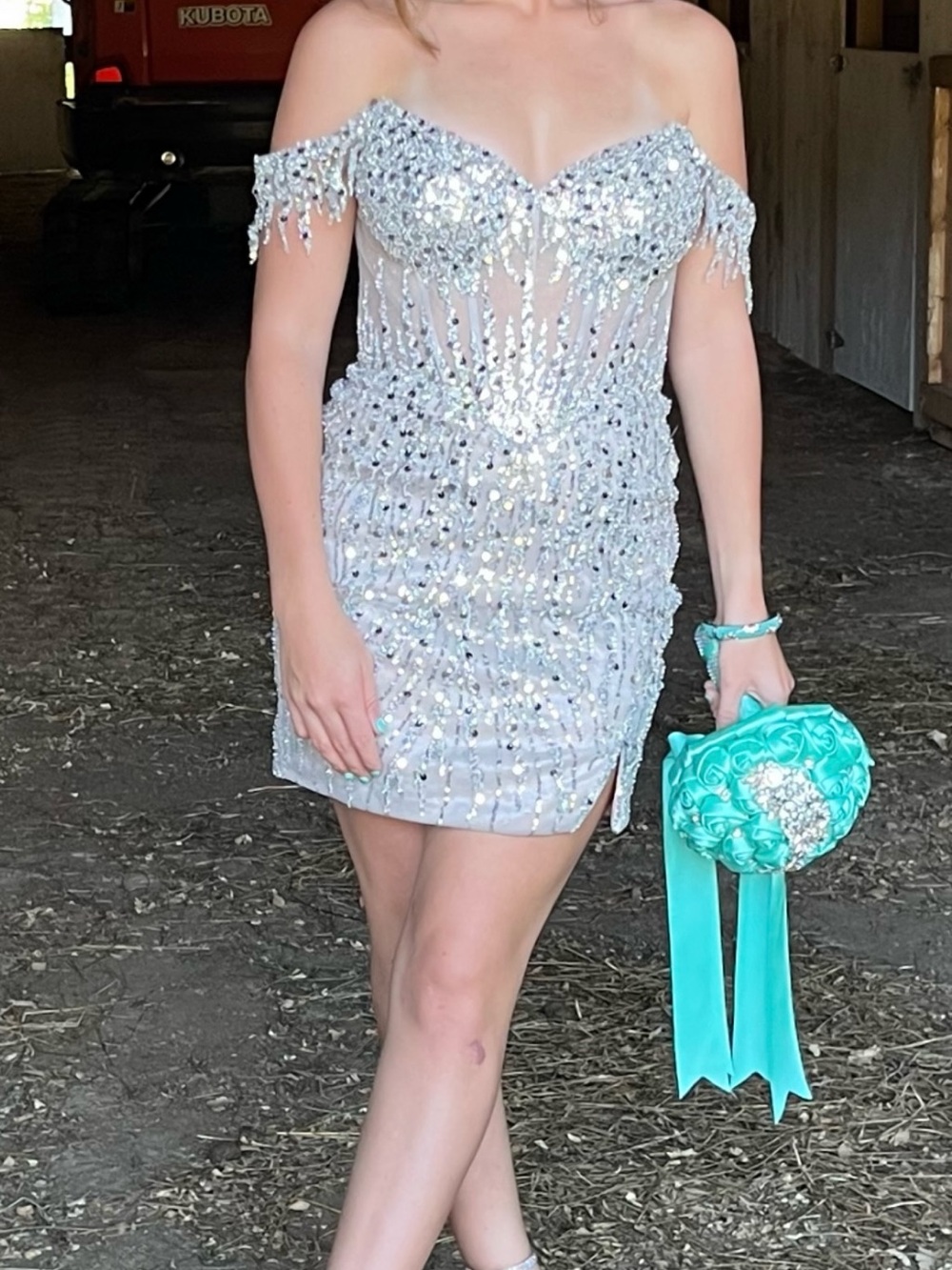 Ladivine cc461 short, size 4 silver beaded homecoming dress